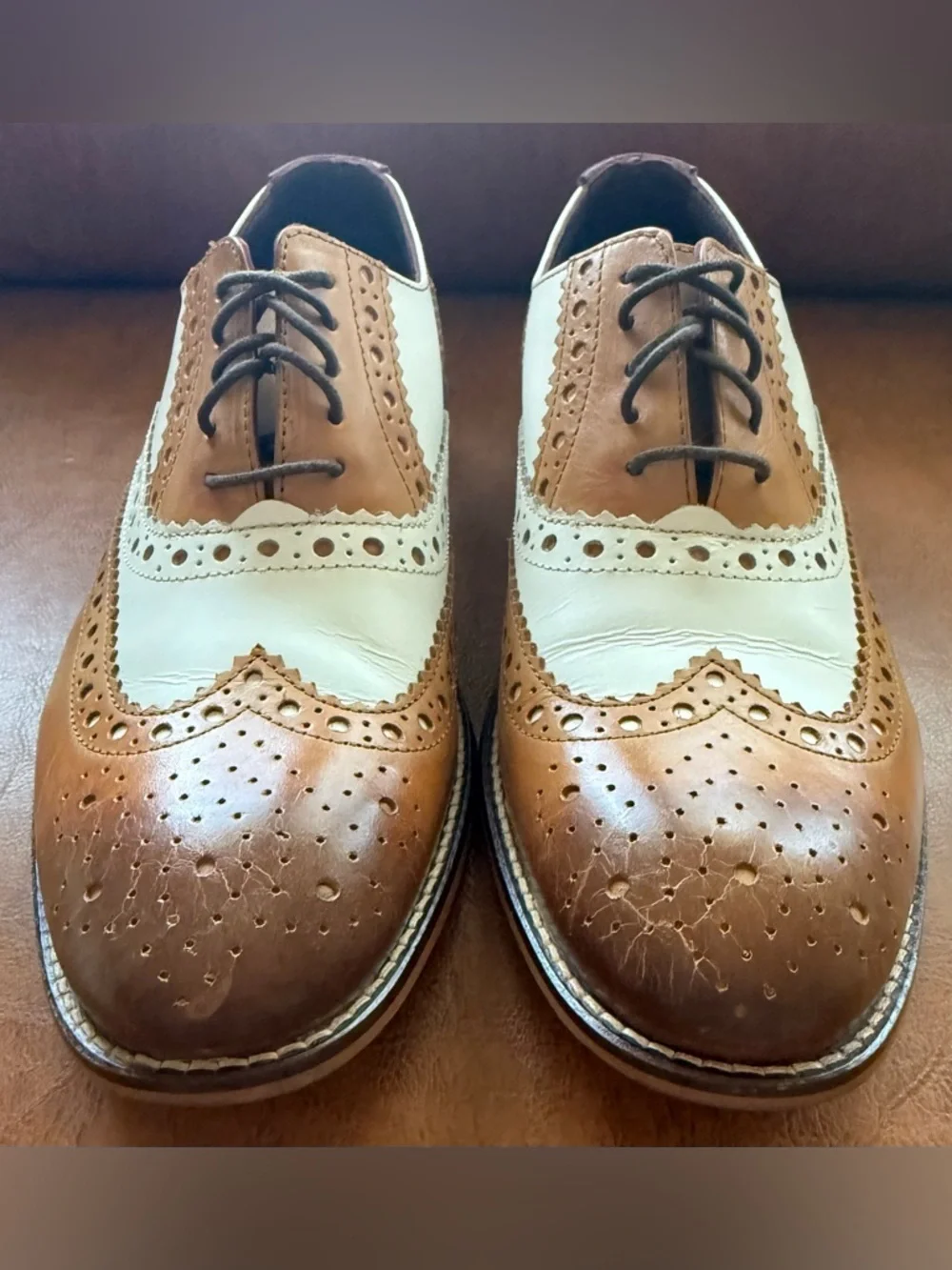 London Brogues Gatsby Tan White Wingtip Oxford Shoes Mens 8 EU 42